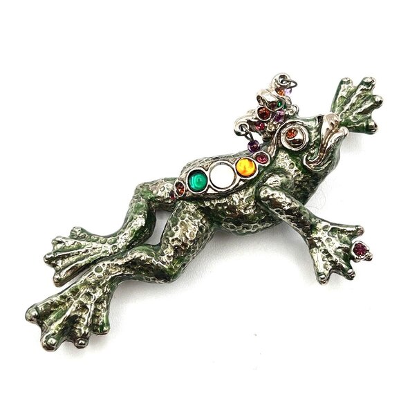 Fabulous Signed Sweet Romance USA Enamel Frog Prince Pendant Brooch Pin 4" - Picture 6 of 10
